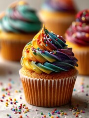 Cupcake With Rainbow Swirl Frosting and Colorful Sprinkles Placed Prominently on a Tabletop at a Festive Gathering