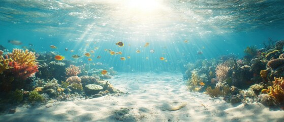 Fototapeta premium Underwater Paradise Vibrant Coral Reef Ecosystem with School of Fish and Sun Rays Creating a Tranquil and Serene Marine Scene Perfect for Ocean Life and Diving