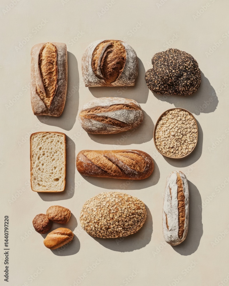 Poster artistic flat lay of diverse breads and oats showcasing bakery assortment on neutral background with