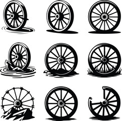 Fototapeta premium Vintage Wagon Wheel Silhouette | Rustic Cart Wheel Icon Set Wagon Wheel Icon Collection | Old Western Wheel Silhouette Set