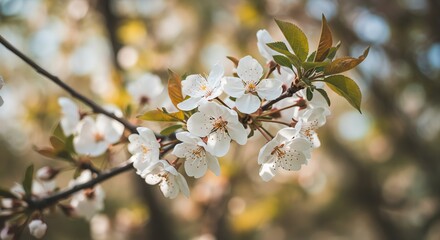 Obraz premium Blooming Branch with White Spring Flowers Close-up