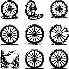Fototapeta premium Vintage Wagon Wheel Silhouette | Rustic Cart Wheel Icon Set Wagon Wheel Icon Collection | Old Western Wheel Silhouette Set