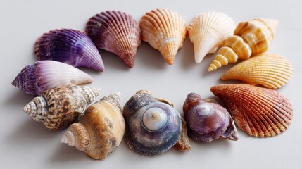 a collection of colorful beach shells arranged in a circle on a white isolated background, natural and beachy design
