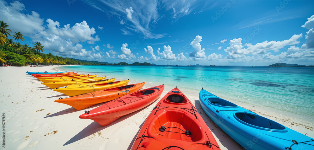 Aufkleber brightly colored kayaks are arranged along a pristine sandy beach. crystal clear waters gently lap a