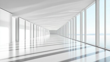 Modern, minimalist hallway with large windows overlooking a tranquil ocean vista