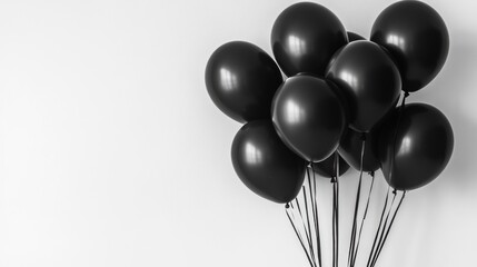 A cluster of glossy black balloons against a plain white backdrop