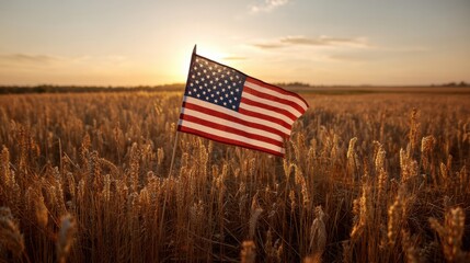 American flag in golden wheat field at sunset peaceful rural scene usa sky red farm blue calm warm