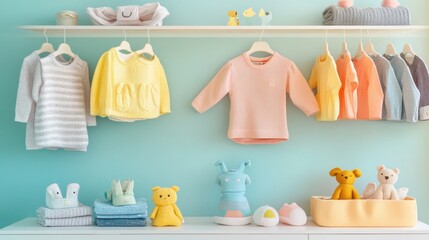 Coordinated Childrens Clothing and Toys Showcase in Bright Pastel Colors for a Joyful Retail Environment