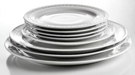 a set of white ceramic plates stacked on a white isolated background, elegant and minimalist design