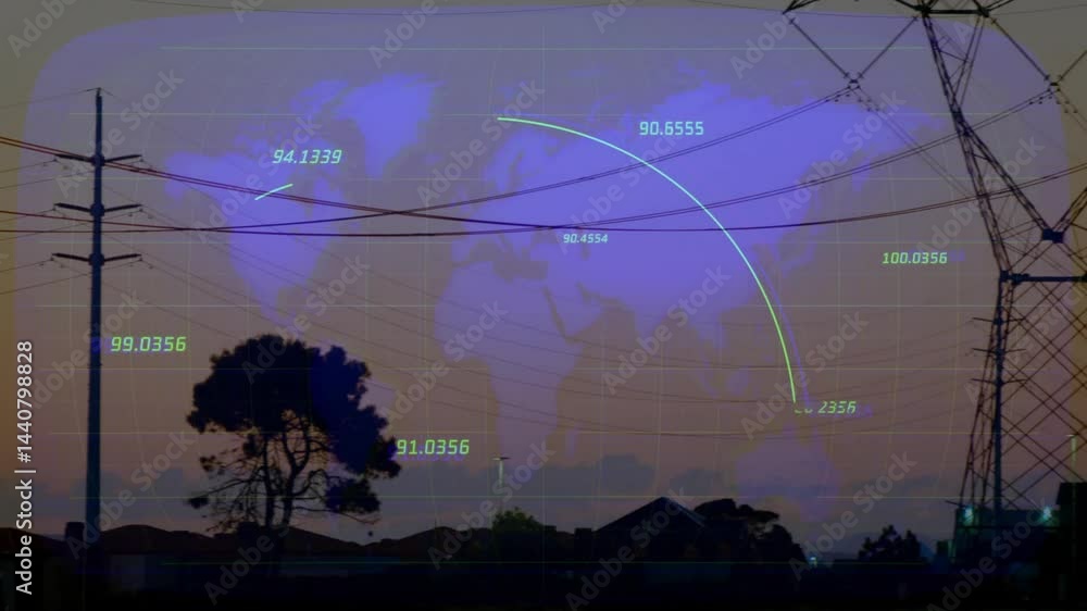 Poster power tower silhouette overlaying grid and map projection, displaying floating data points