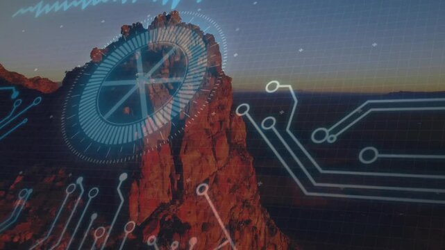 Sandstone spire rising sharply from canyon at dusk, showing neon-blue HUD and grid overlay