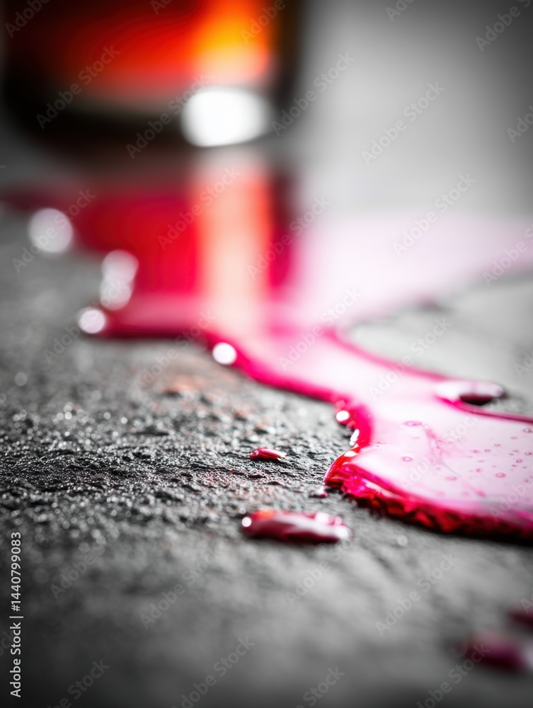 Aufkleber dramatic close up of spilled red liquid on textured surface creating abstract patterns and reflectio