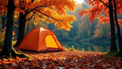 Fototapeta premium Autumn orange tent nestled amongst vibrant fall foliage , november, adventure, landscape