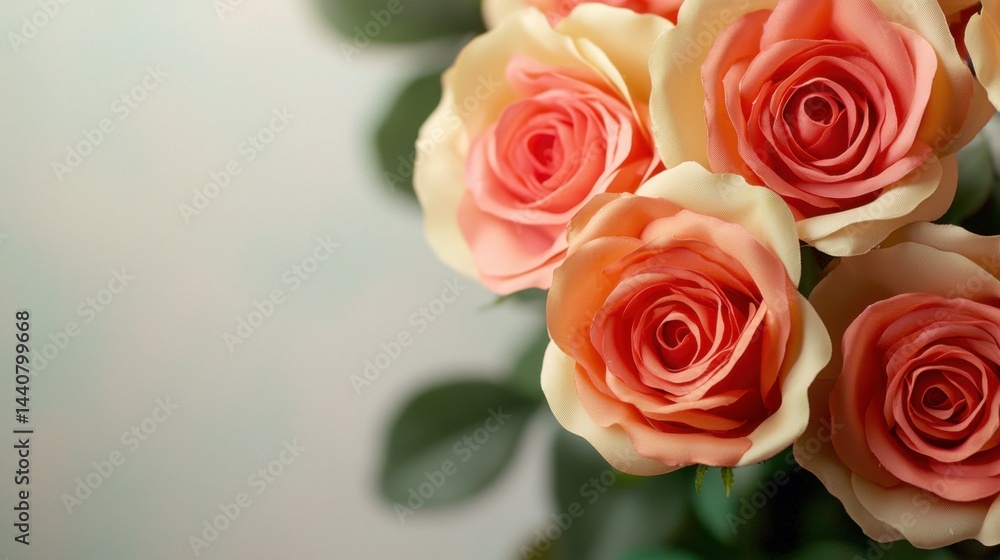 Poster artificial flower making concept, close-up macro shot of vibrant artificial roses in realistic color