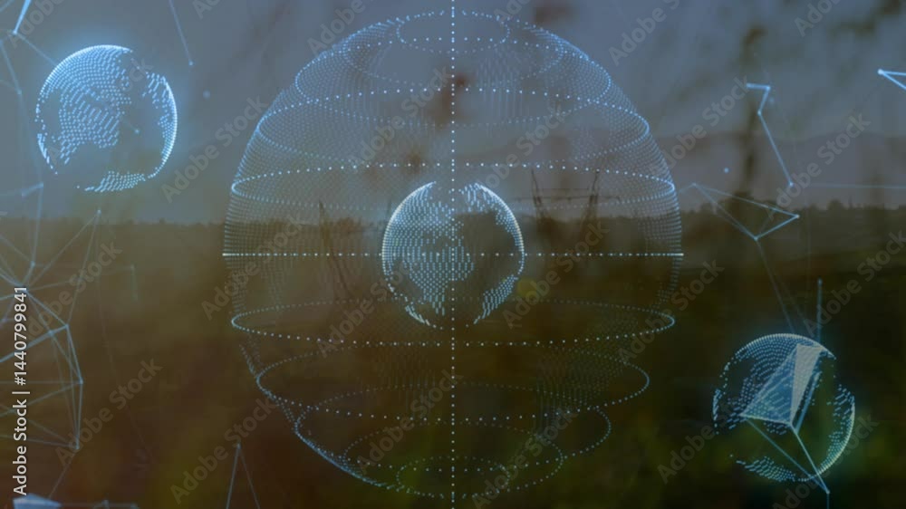 Poster holographic dotted wireframe globe floating above sunset field, showing network nodes and towers