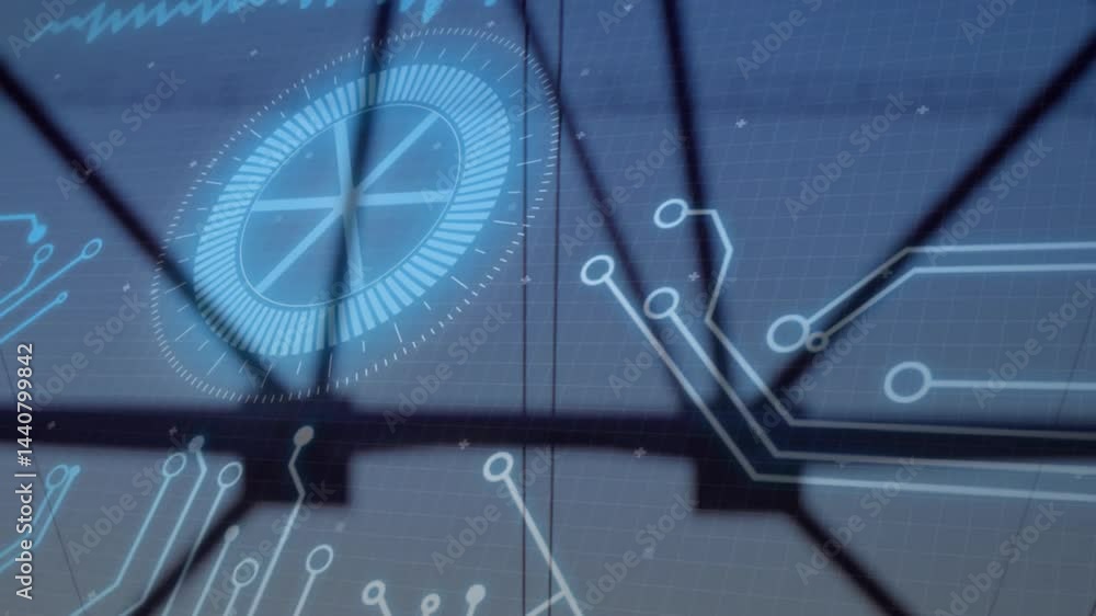 Poster blue digital hud overlay projecting across dark grid, with circular gauge and node lines