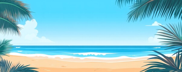 Obraz premium Tropical beach scene with palm trees and ocean.