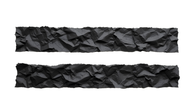 Two horizontal strips of crumpled, torn black paper isolated on transparent background 