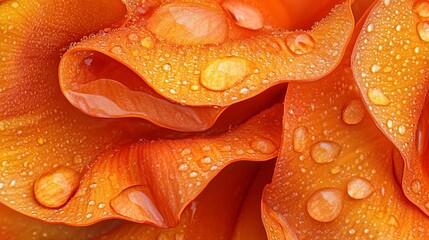 Close up of orange rose petals covered in water droplets showing texture and detail of the flower