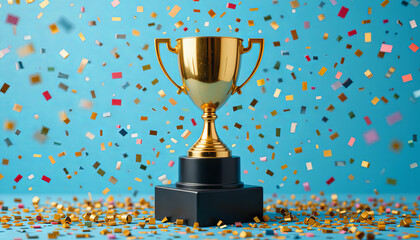 A shining gold trophy rests on a black base, celebrating achievement amidst a vibrant explosion of confetti. The lively atmosphere captures the joy of winning at an event