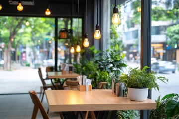 Modern cafe interior with green plants and warm lighting during a sunny afternoon in the city