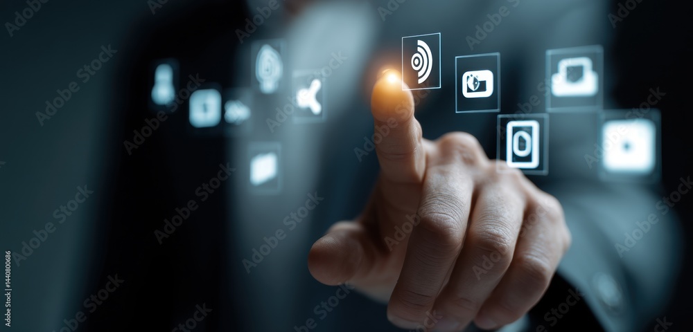 Poster hand touching futuristic interface digital technology screen web app data world media finger modern