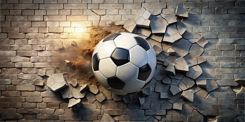 A soccer ball bursts through a brick wall, creating an impressive display of debris and motion. The scene captures the intensity and power of soccer at its finest, showcasing raw energy