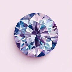 A brilliant, faceted gemstone sparkles with shades of purple, blue, and white against a soft pink background.