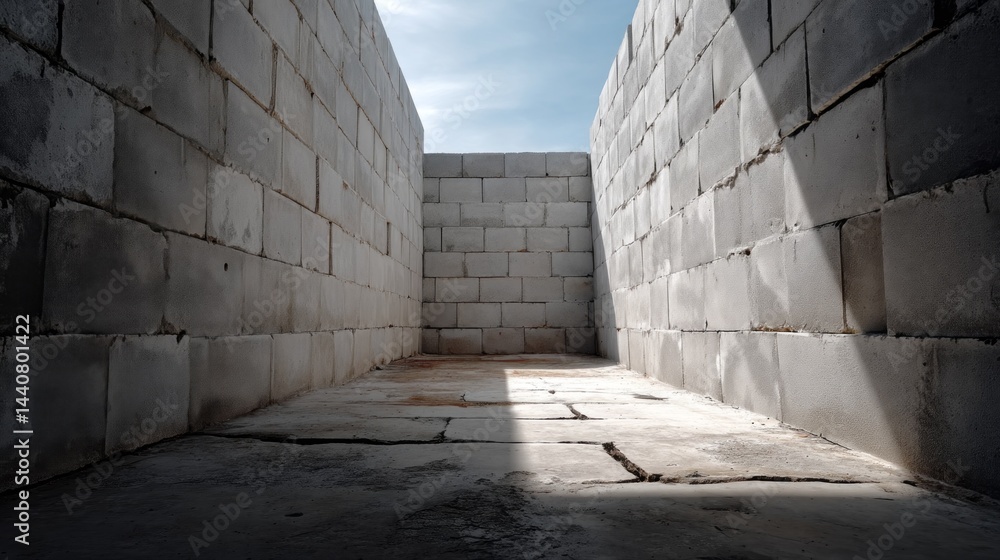 Fototapete Sunlight filters softly through an opening, casting gentle shadows across the rough surfaces of the concrete block wall. This stark environment creates a sense of isolation and contemplation
