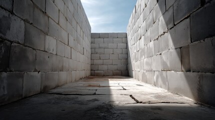 Sunlight filters softly through an opening, casting gentle shadows across the rough surfaces of the concrete block wall. This stark environment creates a sense of isolation and contemplation