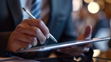 A corporate training session with a mentor using a digital tablet to demonstrate a concept, while participants take notes in a sleek conference room.