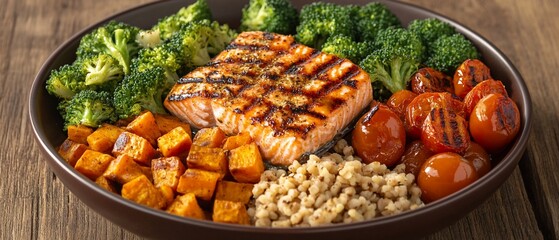 Fototapeta premium Fresh bowl. Salmon, broccoli, sweet potatoes, roasted tomatoes and grain blend mix