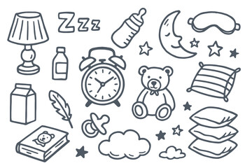 Cute hand drawn bedtime objects set for nursery design in sketch style