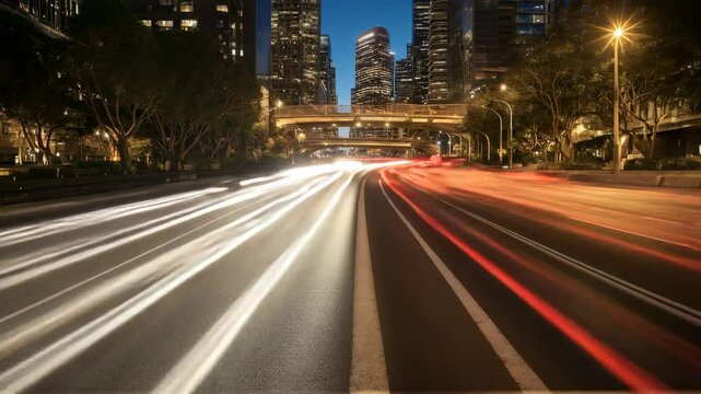 City Night Traffic with Light Trails Against Urban Skyline  
