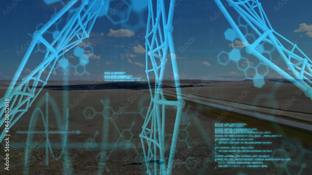 Aufkleber digital molecular interface being visualized on rural grasslands showing hexagons and code blocks