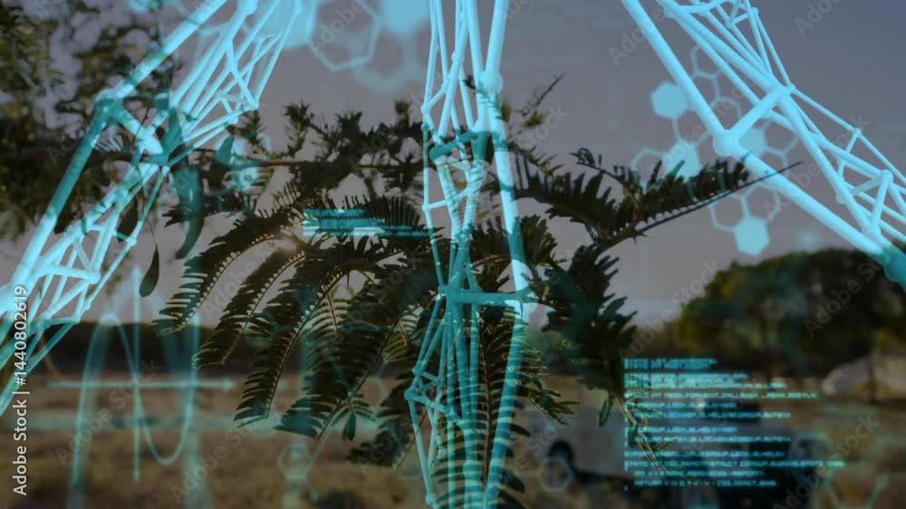 Poster tree branch glowing under warm sunlight showing floating 3d ar wireframe, molecular, waveform data