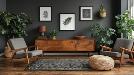 Modern minimalist living room with wooden furniture and plants