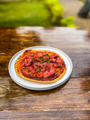 A vibrant plate featuring a hearty serving of salsa with a side of crispy tortilla chips, perfect for casual snacking.