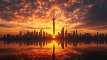Fototapeta premium Stunning city skyline at sunset with dramatic clouds and a vibrant reflection on the water.