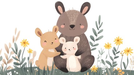 Naklejka premium Family of woodland creatures. A tender scene unfolds, with three adorable woodland creatures huddled together in a lush, wildflower-filled meadow. The cartoon illustration evokes warmth and love.