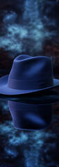 A digital twin of a real-world navy blue hat, sitting on a smooth reflective surface.
