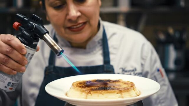 Chef torching the top of a cr&egrave;me br&ucirc;l&eacute;e, with golden caramelization forming under the flame