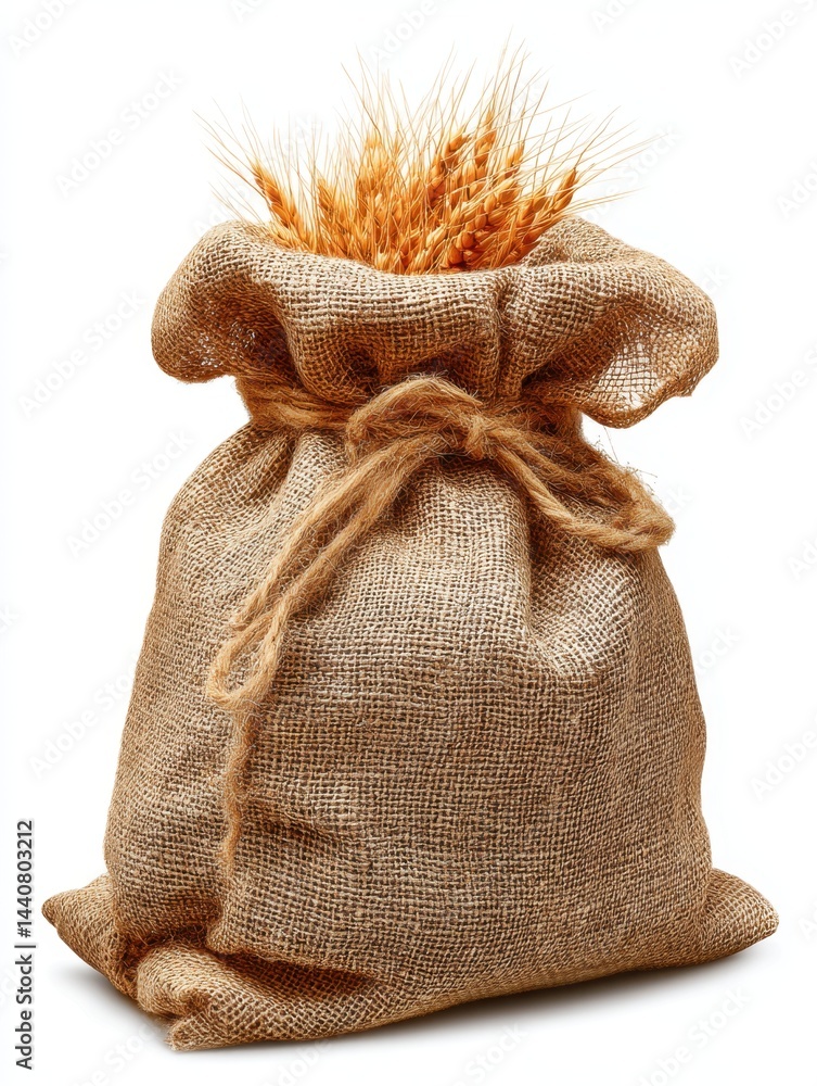 Poster rustic charm of a burlap sack overflowing with golden wheat on a clean white background capturing ha