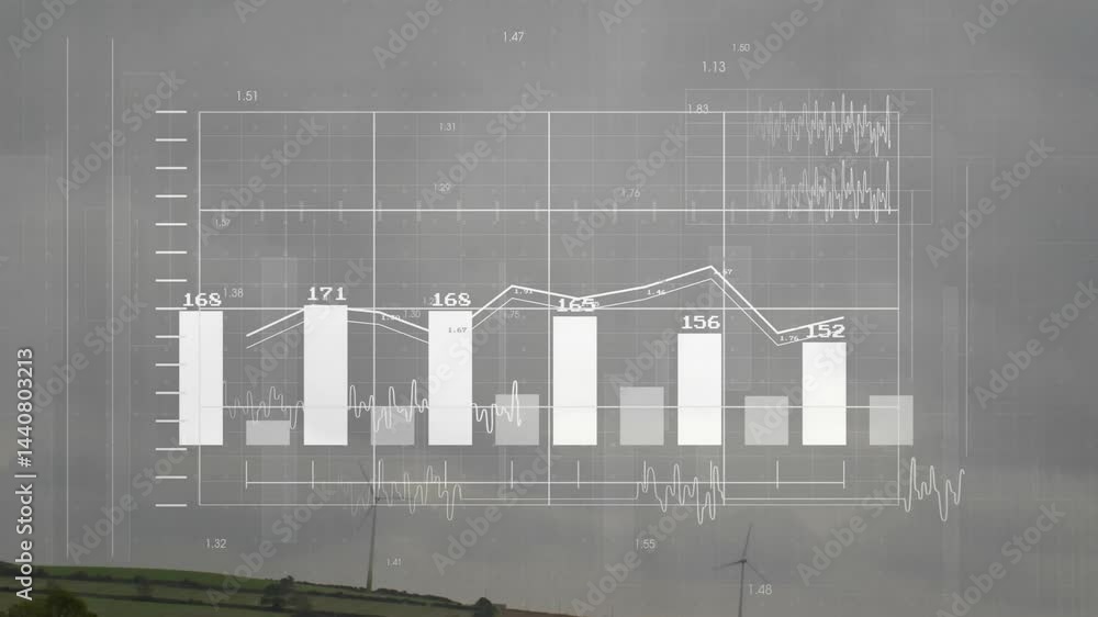 Poster flat design data chart overlaying rolling farmland, linking six bars in zigzag line and waveforms