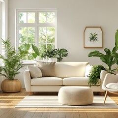 Bright, airy living room with lush greenery and neutral tones.