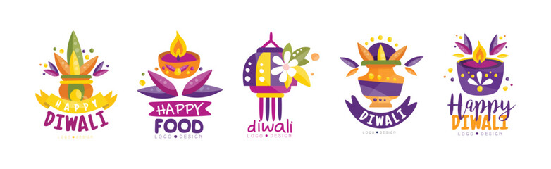 Happy Diwali Logo and Label Bright Design Vector Set