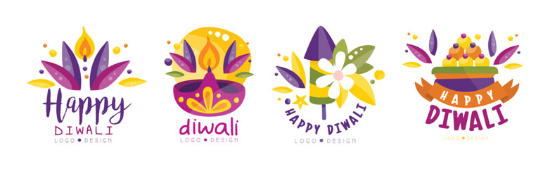 Happy Diwali Logo and Label Bright Design Vector Set