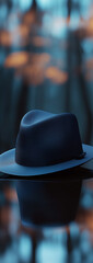 A digital twin of a real-world navy blue hat, sitting on a smooth reflective surface.