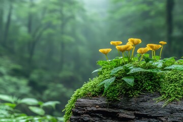 Colorful yellow mushrooms thrive on a moss-covered log in a misty forest during early morning