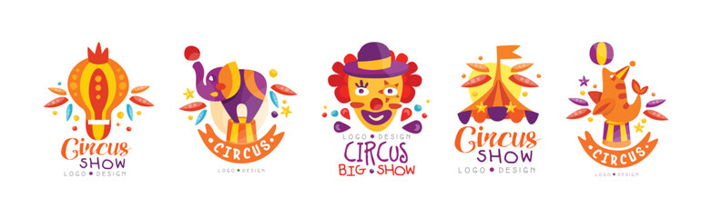 Circus Show Bright Logo and Label Design Vector Set